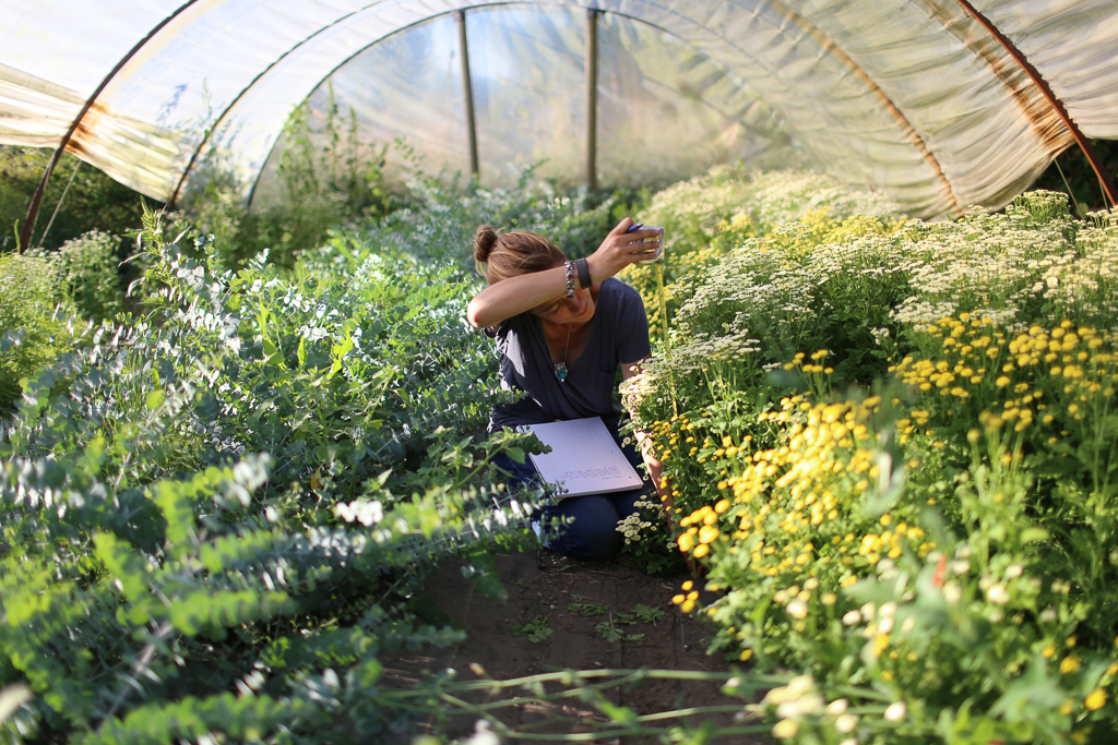 Erin Benzakein writing notes in a hot Floret hoophouse