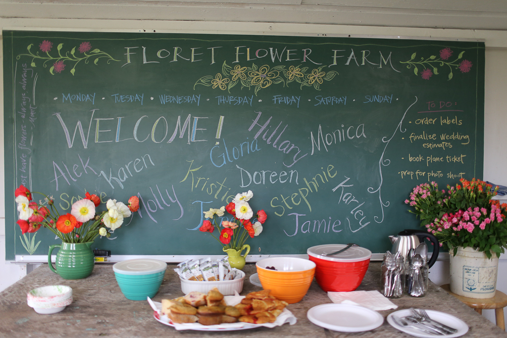 Welcome chalkboard at one of the first on-farm Floret workshops